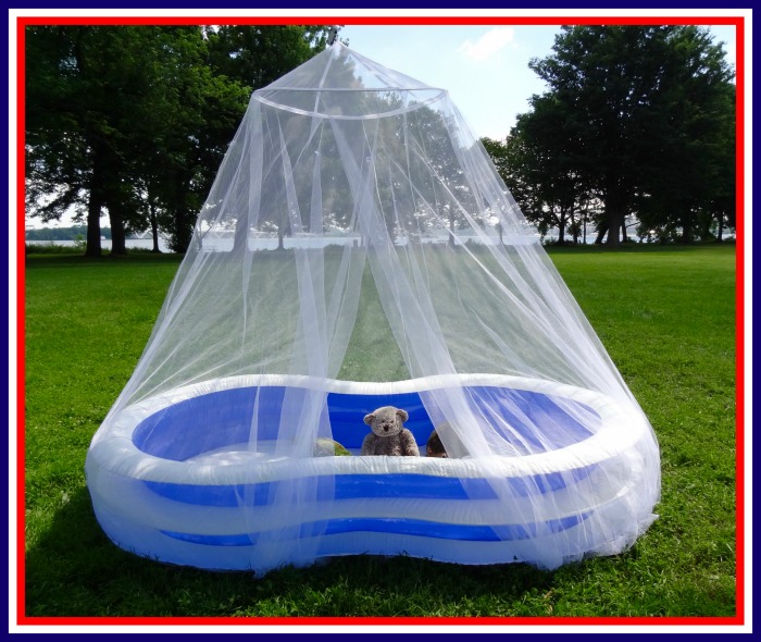 Tedderfield's King-California King Conical Mosquito Net is an ideal size to cover kiddie pools.  Enjoy bug free pool time!